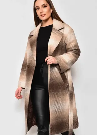 Стильне шерстяне довге пальто з принтом з поясом утеплене