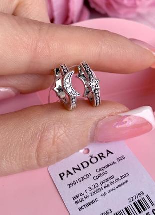 Сережки пандора срібло 925 сережки pandora хупи «молодий місяць і зорі» сережки кільця конго оригінальні сережки пандора нові бірка пломба1 фото