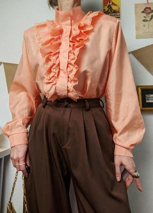 Блуза воланы винтажная персик ворот стойка xl кружево оранжевый l4 фото