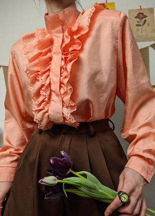 Блуза воланы винтажная персик ворот стойка xl кружево оранжевый l1 фото