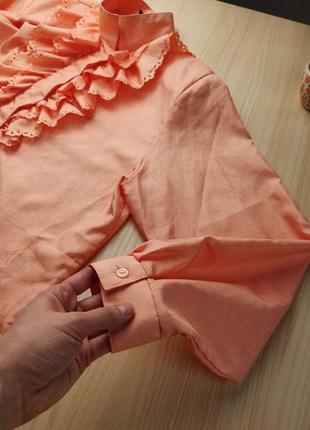 Блуза воланы винтажная персик ворот стойка xl кружево оранжевый l7 фото