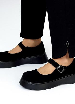 Черные замш открытые туфли лоферы броги с ремешками утолщенная подошва 36-412 фото