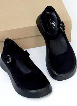 Черные замш открытые туфли лоферы броги с ремешками утолщенная подошва 36-417 фото