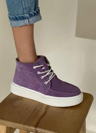 Женские замшевые фиолетовые хайтопы\натуральная весенняя демисезонная замшевая обувь1 фото