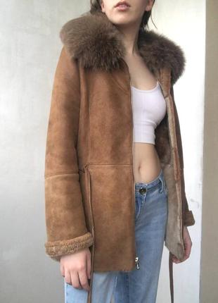 Дублянка натуральна шкіра жіноча коричнева з хутром вінтаж кожух шуба куртка кожушок кожаний4 фото
