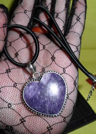 Колье кулон подвес лепидолит, натуральный камень, сердечко, измельчение, индия