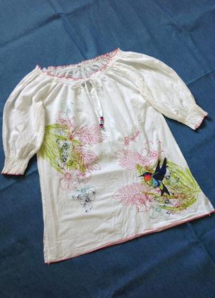 Распродажа!!!легкая тонкая свободная туника блуза с вышивкой и бисером 100% коттон размер 36