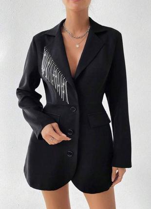 Платье пиджак мини на запах с бахромой из камушков с рукавами на пуговицах по фигуре платье черная элегантная вечерняя праздничная трендовая стильная3 фото