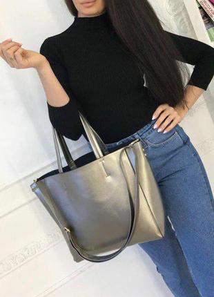 Жіноча сумка-шопер сірий металік3 фото