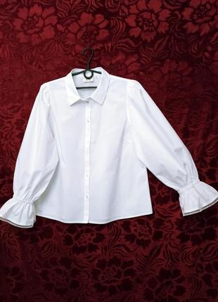 100% бавовна поплинова білосніжна сорочка вільного крою з об'ємними рукавами біла блузка сорочка з пишними рукавами блуза1 фото