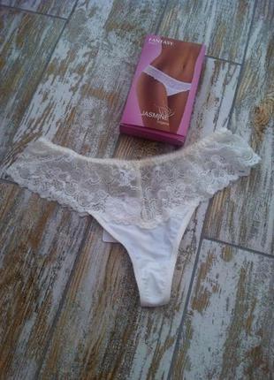 Jasmine ажурные кружевные кремовые трусики стринги с кристаллом м,46