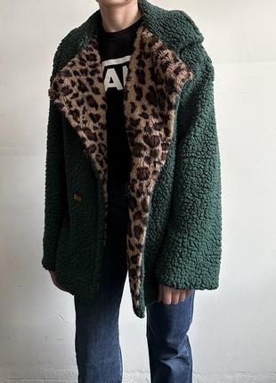 Пальто  тедді з леопардовим принтом зелене розмір s m