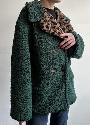Пальто тедди с леопардовым принтом зеленый размер s m9 фото
