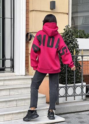 Худи на флисе с принтом нашивкой на спине adidas адидас оверсайз толстовка графитовый голубой бежевый коричневый розовый зеленый спортивный