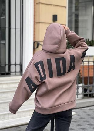 Худи на флисе с принтом нашивкой на спине adidas адидас оверсайз толстовка графитовый голубой бежевый коричневый розовый зеленый спортивный3 фото