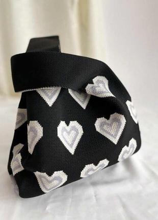 Тренд стильна чорна в серця жіноча в'язана текстильна сумка шопер7 фото