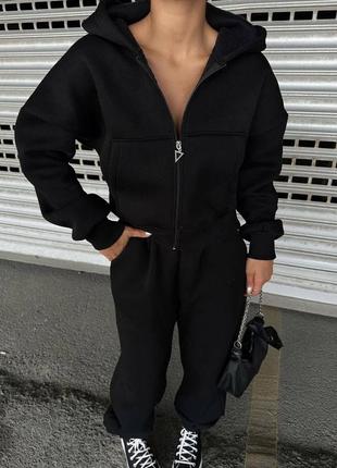 Костюм спортивный женский теплый на флисе оверсайз кофта на молнии с капишоном брюки джоггеры на высокой посадке с карманами качественный меланж шоколад2 фото