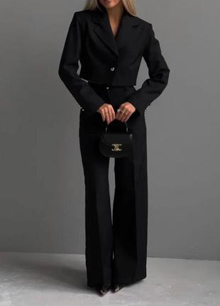 Костюм вкорочений жакет піджак брюки палаццо на високій посадці широкі прямі штани вільного крою комплект стильний базовий трендовий чорний