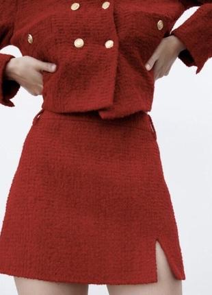 Твидовая юбка длины мини красная бордовая зара