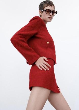 Твидовая юбка длины мини красная бордовая зара3 фото