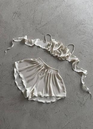 Піжама домашній костюм жіноча шовк армані шовкова молоко шорти топ на зав’язці