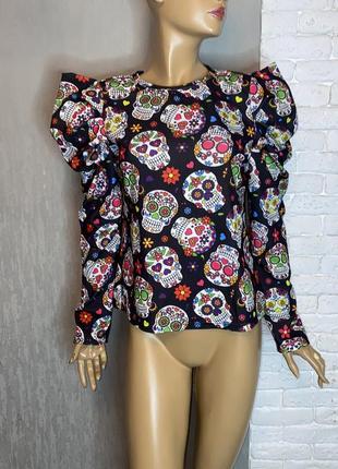 Блуза с объемными рукавами блузка в принт мексиканские черепа shein, l