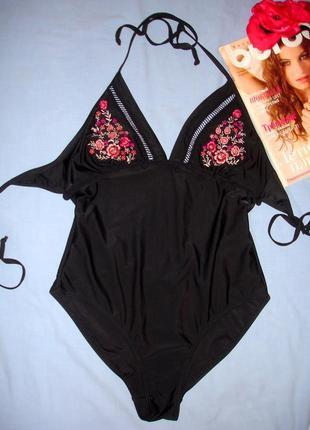 Купальник монокини сдельный черный размер 44-46 / 12 чашка в с вышитые цветы шикарный