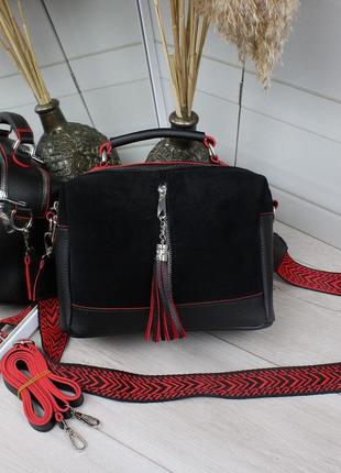 Женская стильная и качественная сумка из натуральной замши и эко кожи на 2 отдела черная с красным