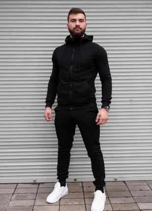 Чоловічий спортивний костюм утеплений на флісі кофта + штани чорний
