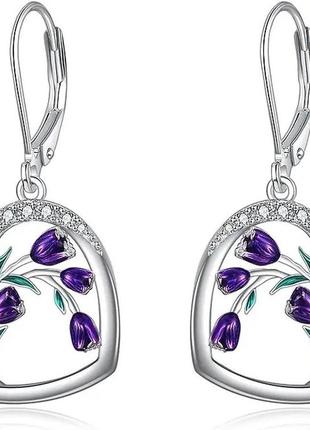 Сріблясті сережки жіночі у формі серця та фіолетової квітки тюльпани всередині з білими фіанітами