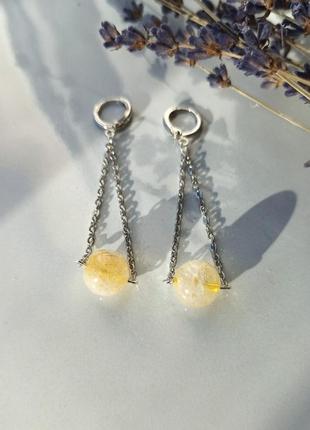 Серьги натуральный камень цитрин d-11мм+- на цепочке, фур-ра гип-ный сплав цвета родий l-63мм