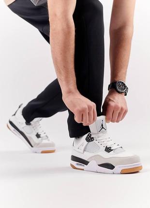 Мужские кожаные кроссовки nike air jordan 4 retro m white gray, мужские кеды найк джордан белые. мужская обувь