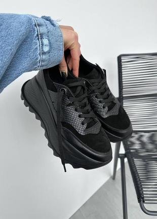 Кроссовки женские кожаные на высокой платформе, кожаные, замшевые, черные3 фото