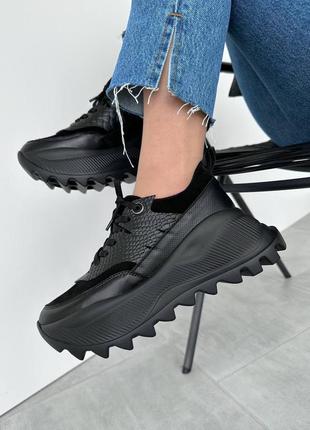 Кроссовки женские кожаные на высокой платформе, кожаные, замшевые, черные4 фото