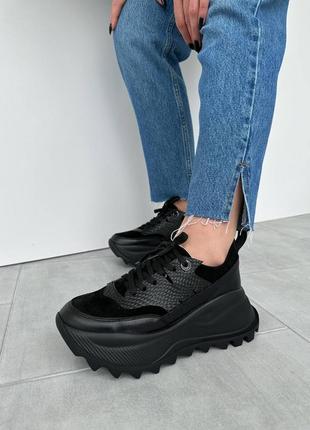 Кроссовки женские кожаные на высокой платформе, кожаные, замшевые, черные6 фото