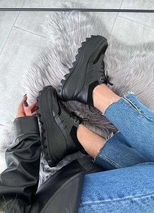 Кроссовки женские кожаные на высокой платформе, кожаные, замшевые, черные8 фото