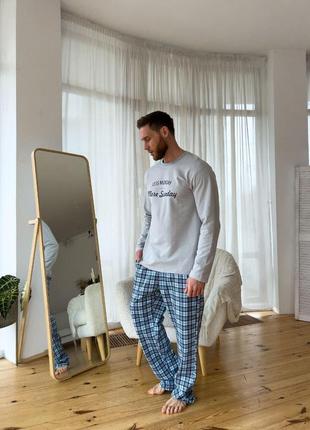 Чоловічий домашній комплект — двійка лонгслів і штани для сну та відпочинку — стильна піжама з тканини трикотаж із начосом4 фото