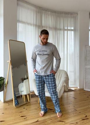 Чоловічий домашній комплект — двійка лонгслів і штани для сну та відпочинку — стильна піжама з тканини трикотаж із начосом9 фото