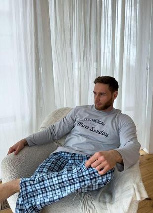 Чоловічий домашній комплект — двійка лонгслів і штани для сну та відпочинку — стильна піжама з тканини трикотаж із начосом3 фото