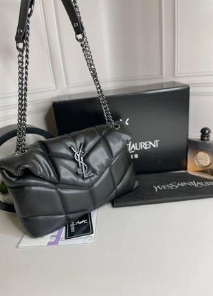 Женская сумка yves saint laurent puffer small chain bag in quilted lambskin черная с черным лого wb040