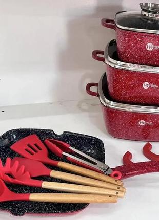 Кухонний набір посуду з антипригарним покриттям і сковорода hk-317 сковороди з гранітним покриттям червоний3 фото