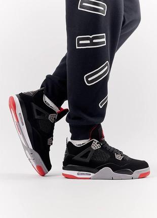 Чоловічі шкіряні кросівки nike air jordan 4 retro m bred, чоловічі кеди найк джордан чорні. чоловіче взуття