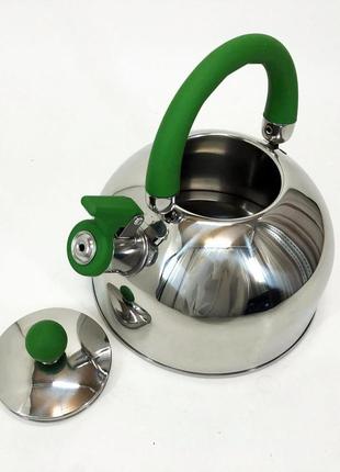 Чайник unique со свистком un-5302 2,5л, хороший чайник со свистком, чайник на плиту. цвет: зеленый1 фото