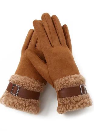 Рукавички жіночі зимові сенсорні під замшу утеплені з хутром. теплі рукавички на хутрі коричневий8 фото