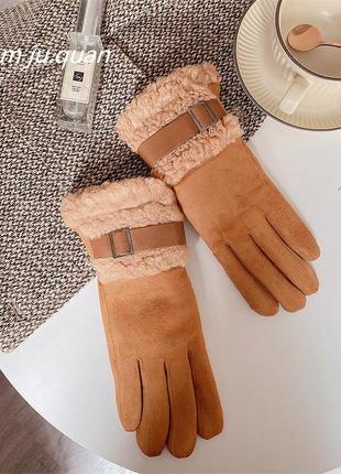 Рукавички жіночі зимові сенсорні під замшу утеплені з хутром. теплі рукавички на хутрі коричневий6 фото