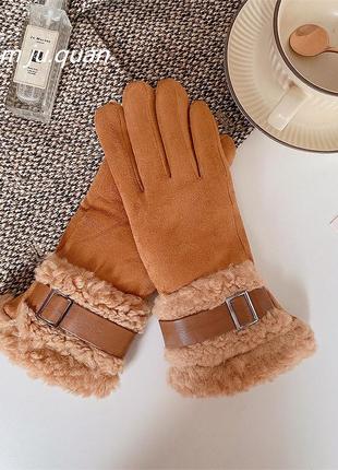 Рукавички жіночі зимові сенсорні під замшу утеплені з хутром. теплі рукавички на хутрі коричневий2 фото