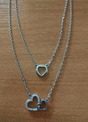 Ланцюжок 925 срібло цірконій дві нитки кулон сердечка