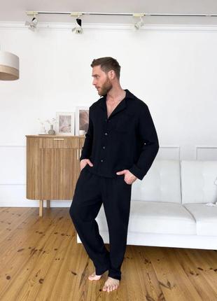 Мужская черная пижама двойка estet из муслина легкая натуральный хлопок стильная домашняя одежда для мужчины