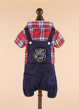 Джинсовый костюм для котов и кошек pet style "клетка" красный