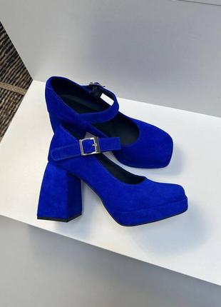 Синие чернильные электрик замшевые туфли мери с широким каблуком